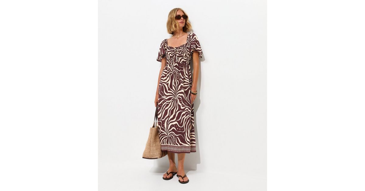 Brown Swirl Print Flutter Sleeve Midi Dress