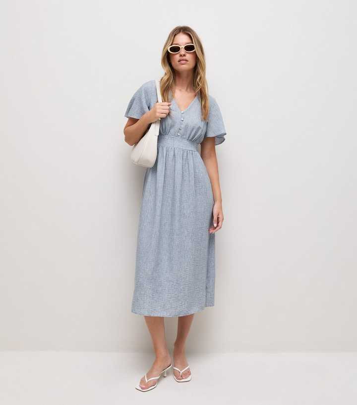 Light Blue Crinkle Texture Frill Sleeve V Neck Midi Dress
