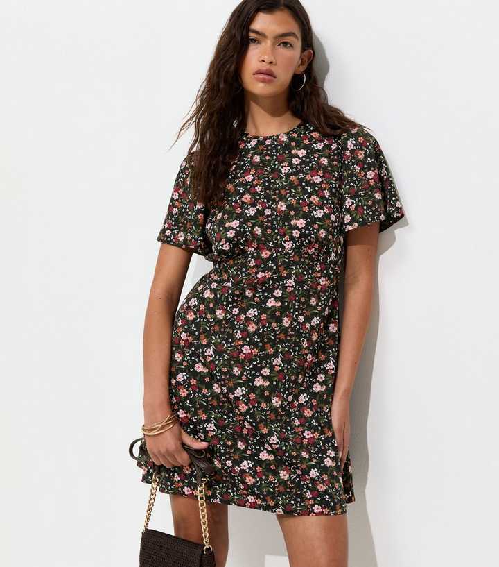 Black Ditsy Floral Flutter Sleeve Mini Dres