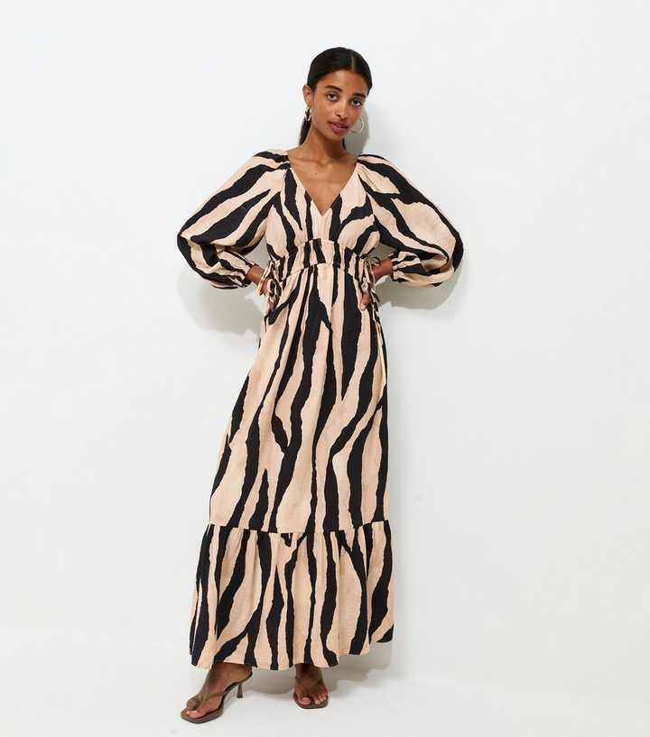 Brown Abstract Print V-Neck Smock Midi Dress