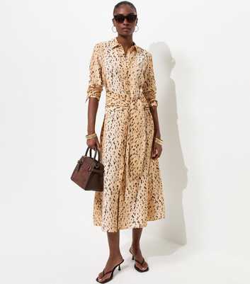 Brown Animal Print Long Sleeve Midi Shirt Dress