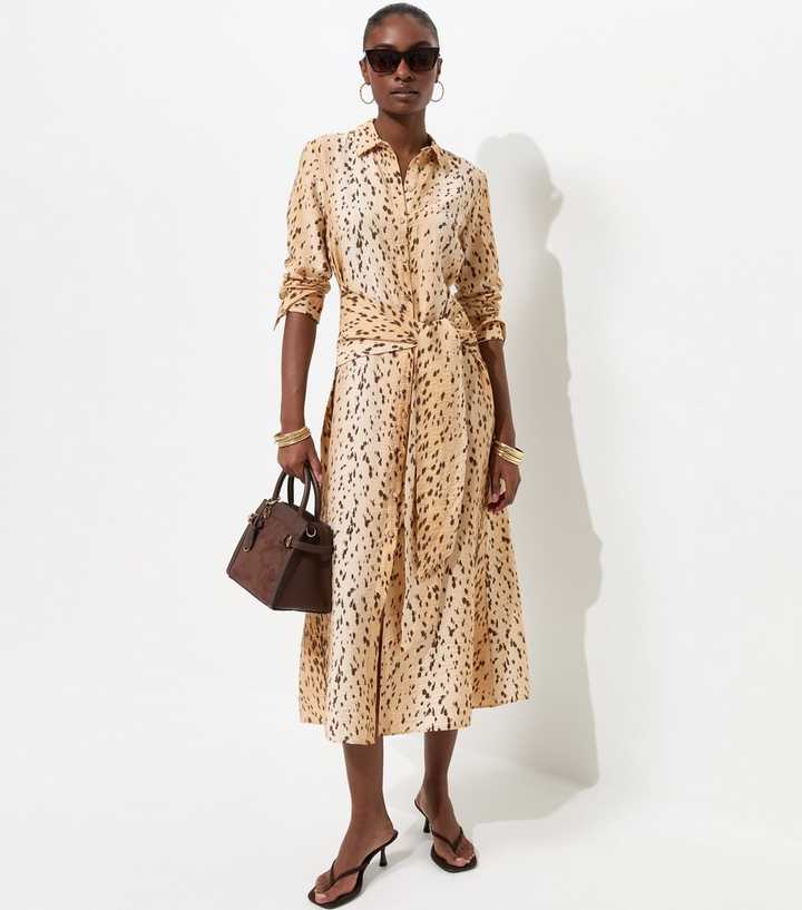 Brown Animal Print Long Sleeve Midi Shirt Dress