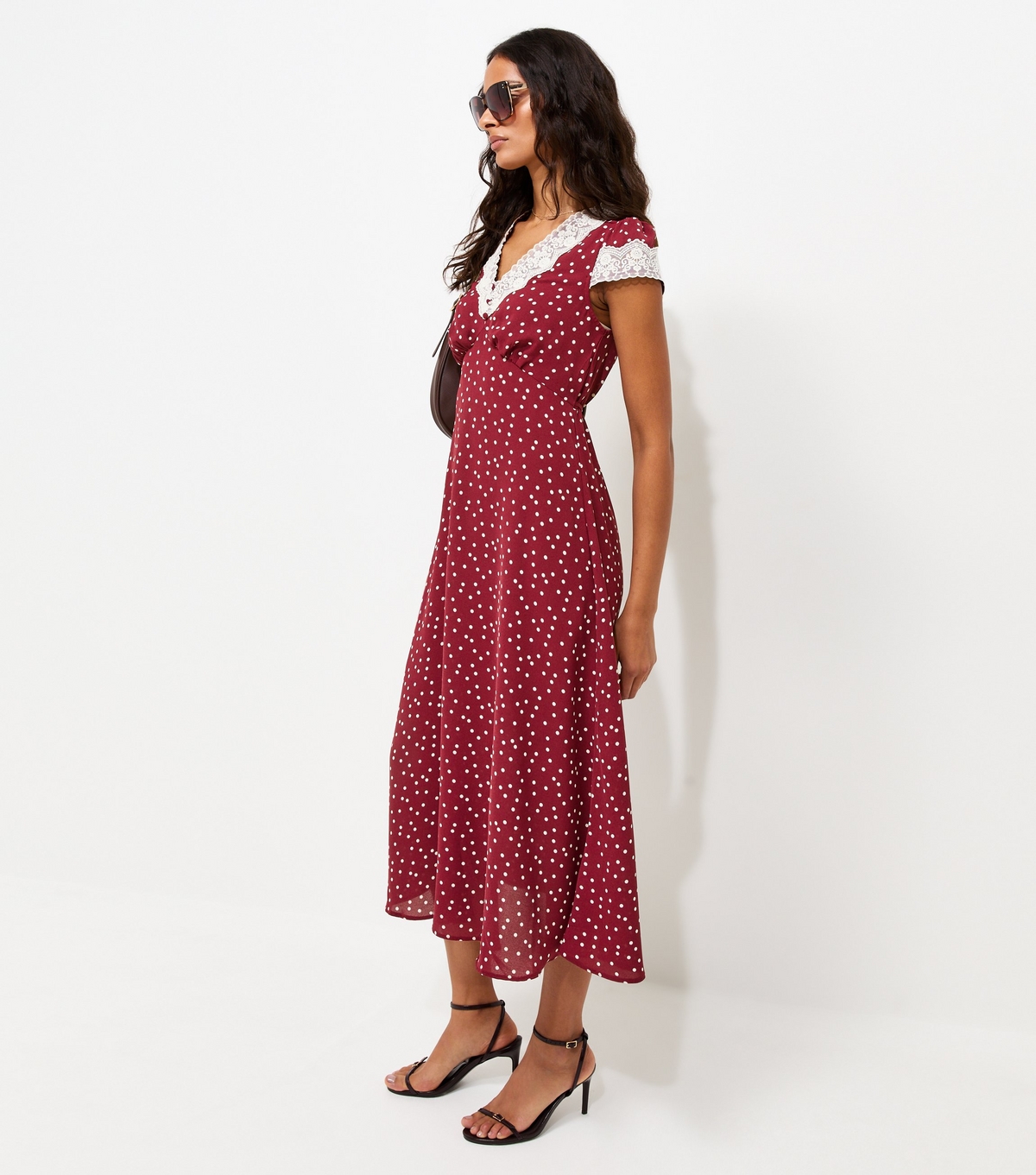 Women's Red Spot Print Lace Trim Midi Tea Dress New Look