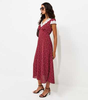 Red Spot Print Lace Trim Midi Tea Dress