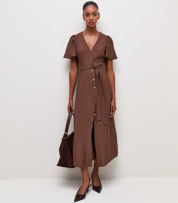 Dark Brown Button Front Flutter Sleeve Midi Dress