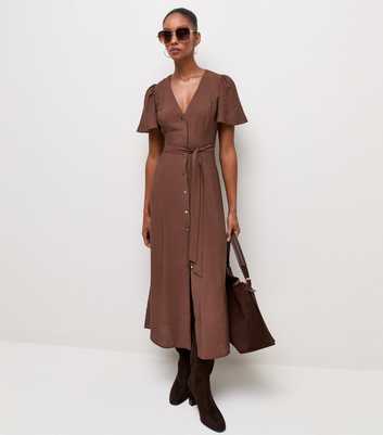 Dark Brown Button Front Flutter Sleeve Midi Dress