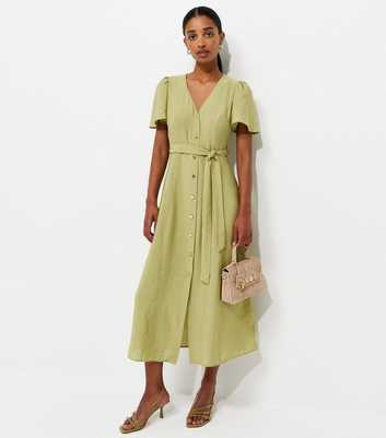 Light Khaki Button Front Flutter Sleeve Midi Dress
