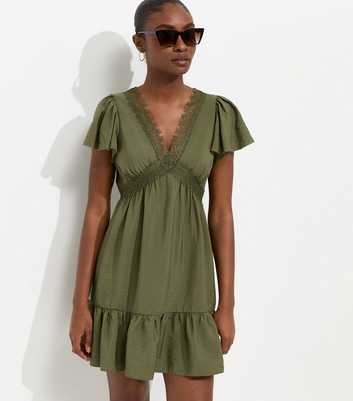 Dark Khaki Crinkle Texture Lace Trim V Neck Mini Dress