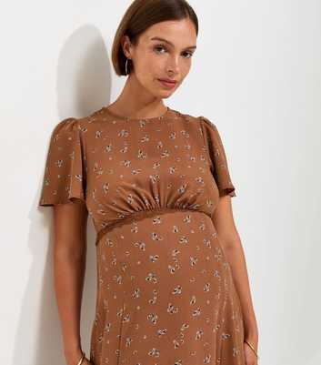 Maternity Brown Floral Print Lace Trim Midi Dress