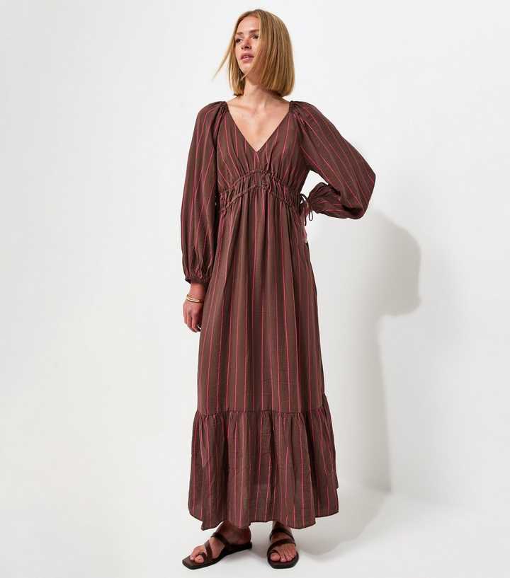 Brown Striped Long Sleeve Smock Midi Dress