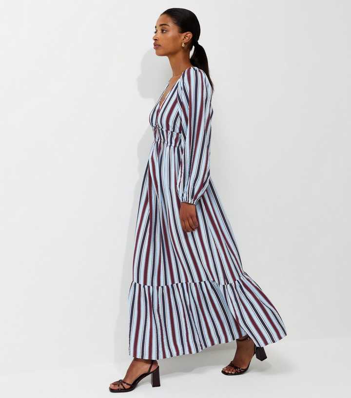 Blue Striped Long Sleeve Smock Maxi Dress