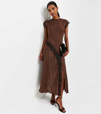 Dark Brown Lace Trim Bias Cut Midi Dress