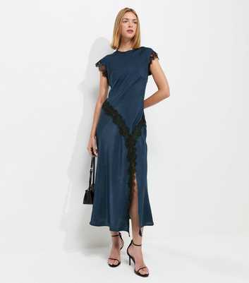 Navy Lace Trim Bias Cut Midi Dress