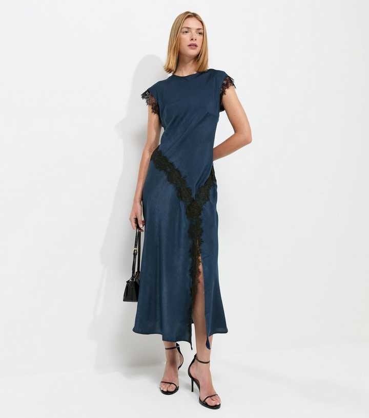 Navy Lace Trim Bias Cut Midi Dress