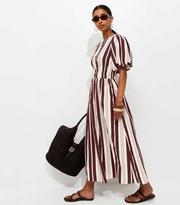Cream With Cotton Striped Shirred Waist Puff Sleeve Midi Dress