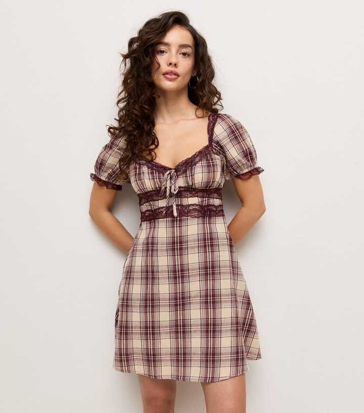 Petite Brown Check Lace Milkmaid Mini Dress