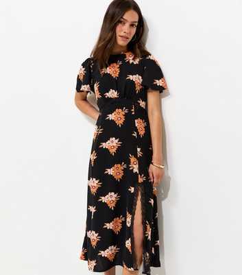 Petite Black Floral Print Lace Trim Midi Dress