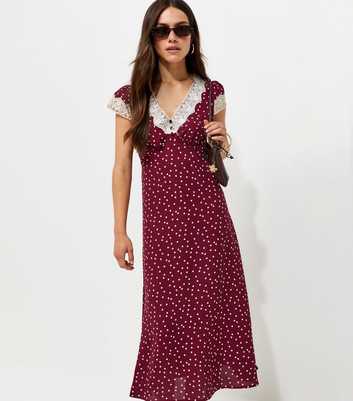 Petite Red Spot Print Lace Insert Tea Midi Dress