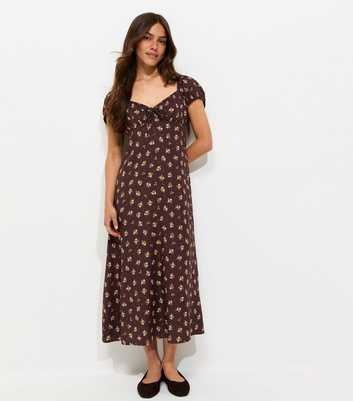 Petite Brown Ditsy Print Milkmaid Midi Dress