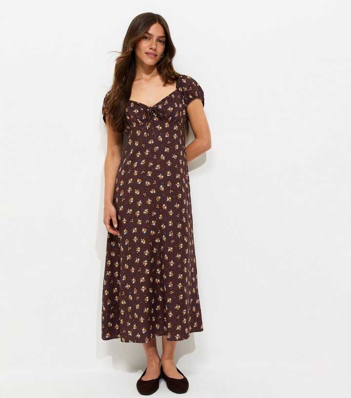 Petite Brown Ditsy Print Milkmaid Midi Dress