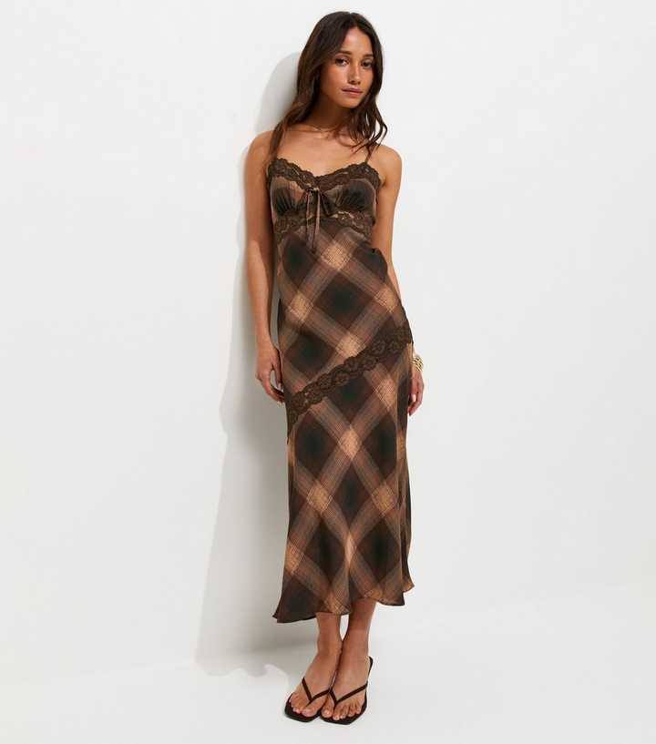 Brown Check Print Lace Trim Strappy Midi Dress