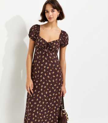 Brown Ditsy Floral Short Sleeve Milkmaid Midi Dress