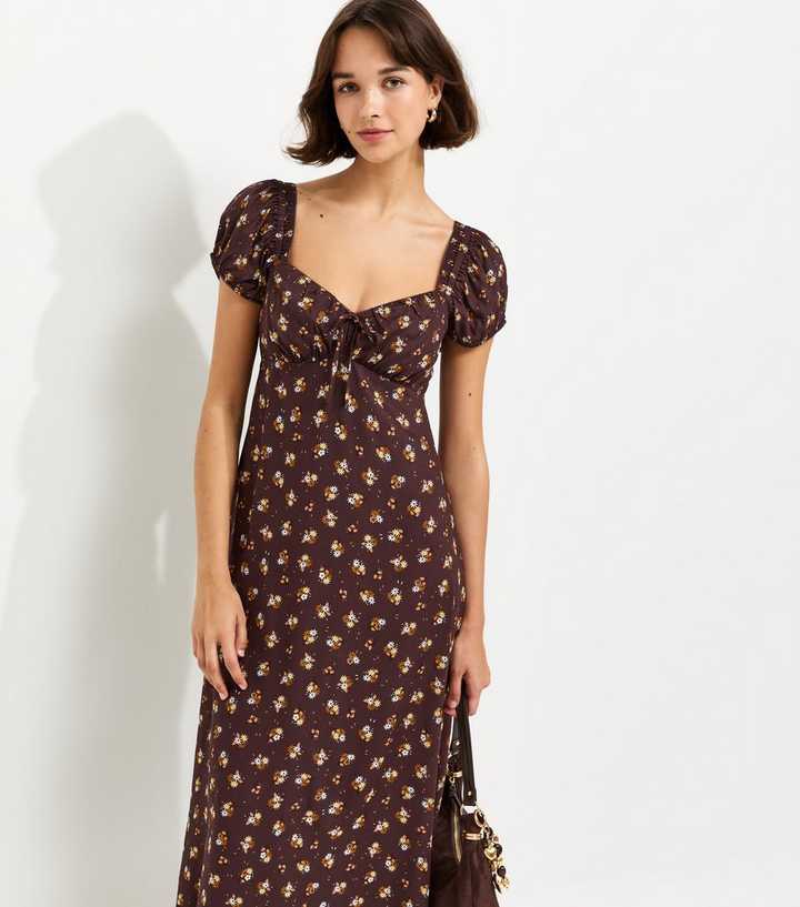 Brown Ditsy Floral Short Sleeve Milkmaid Midi Dress