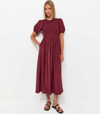 Dark Burgundy Shirred Short Sleeve Midi Dress