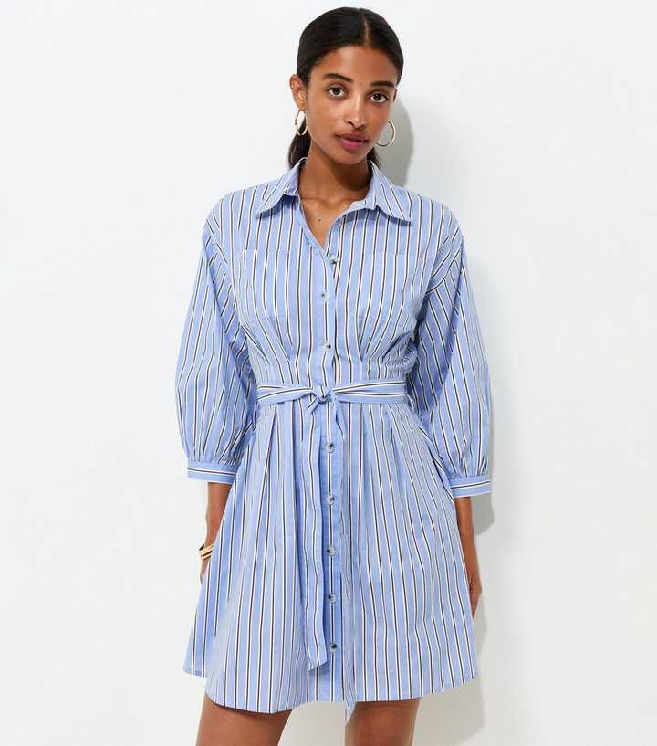 Blue Cotton Striped Puff Sleeve Mini Shirt Dress