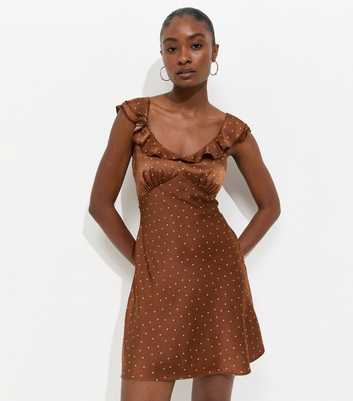 Brown Satin Polka Dot Ruffled Strap Mini Dress