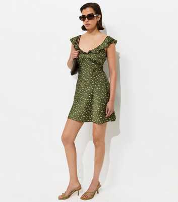 Green Satin Polka Dot Ruffled Strap Mini Dress