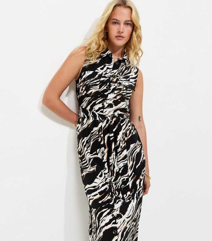Tall Black Zebra Print Sleeveless Midi Shirt Dress