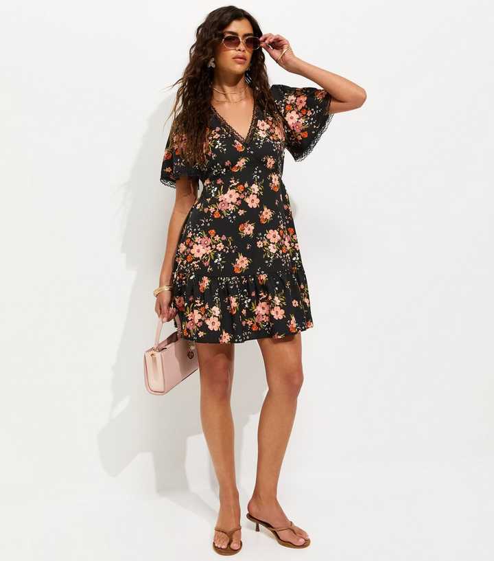 Black Floral Lace Trim Mini Tea Dress