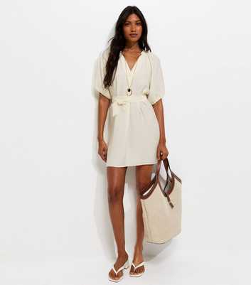 Cream V-Neck Puff Sleeve Belted Mini Dress
