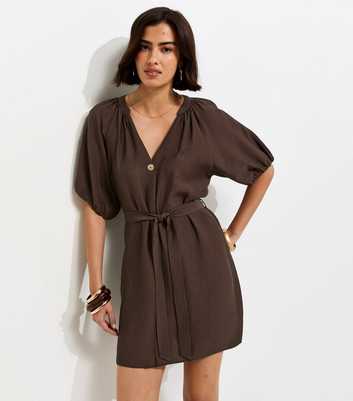 Dark Brown V-Neck Puff Sleeve Belted Mini Dress
