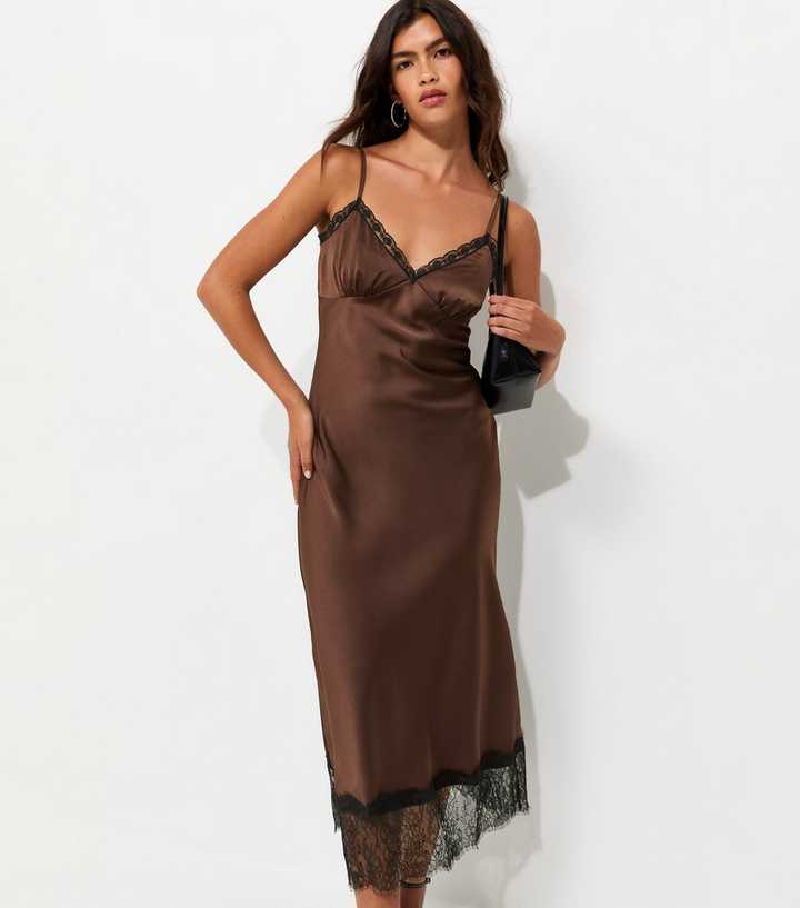Dark Brown Satin Lace Hem Strappy Midi Dress