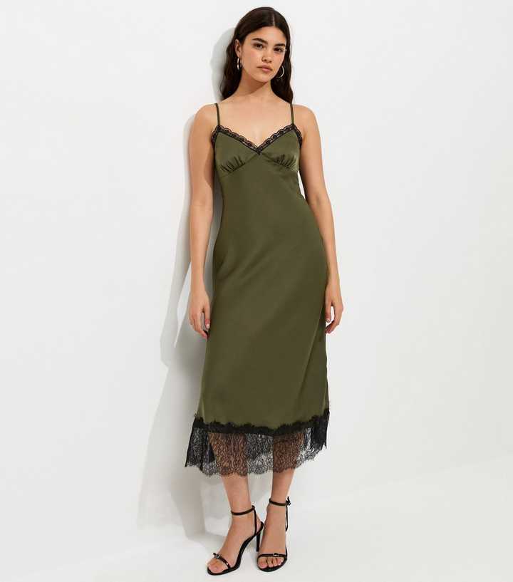 Light Green Satin Lace Hem Strappy Midi Dress