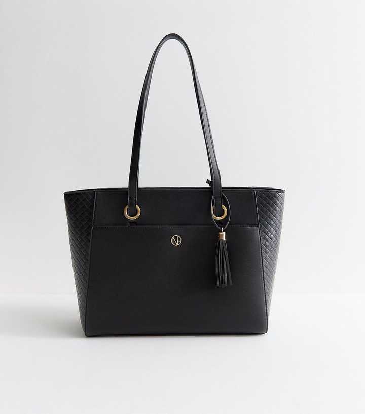 Black Faux Leather Woven Effect Panelled Tote Bag
