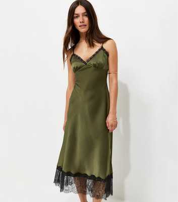 Petite Light Green Satin Lace Trim Strappy Midi Dress