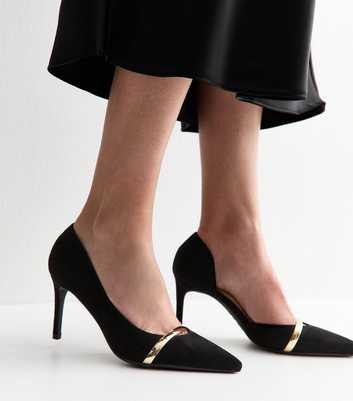 Black Faux Suede Metallic Strap DOrsay Pumps