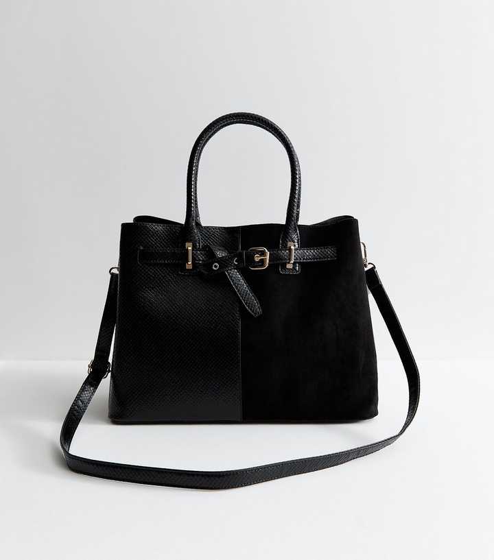 Black Snake Embossed Faux Leather Belted Tote Bag