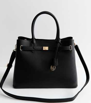 Black Textured Faux Leather Belted Tote Bag