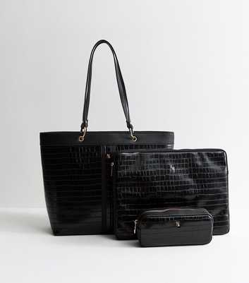 Black Faux Leather Crocodile Embossed Trio Tote Bag