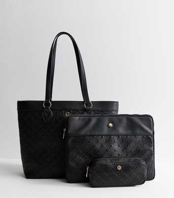 Black Faux Leather Debossed Trio Tote Bag