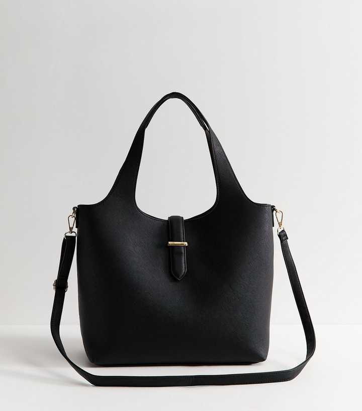 Black Faux Leather Slip Front Tote Bag
