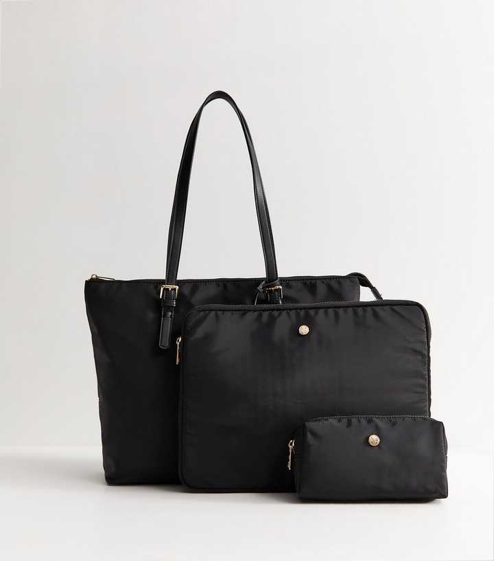 Black Fabric Tote Bag, Laptop Case and Pouch Trio