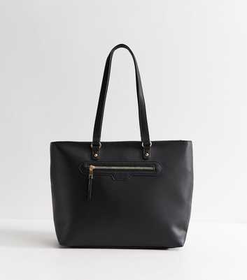 Black Faux Leather Front Zip Pocket Tote Bag