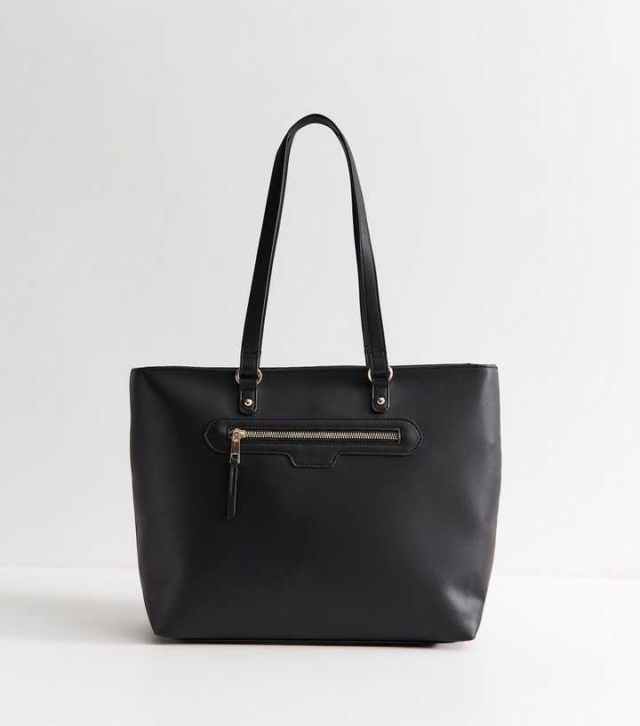 Black Faux Leather Front Zip Pocket Tote Bag