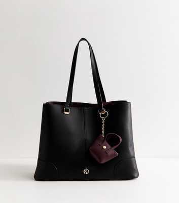 Black Faux Leather Triple Compartment Tote Bag