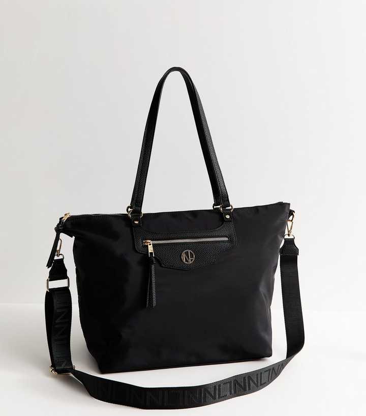 Black Faux Leather Logo Plaque Front Pocket Tote Bag
